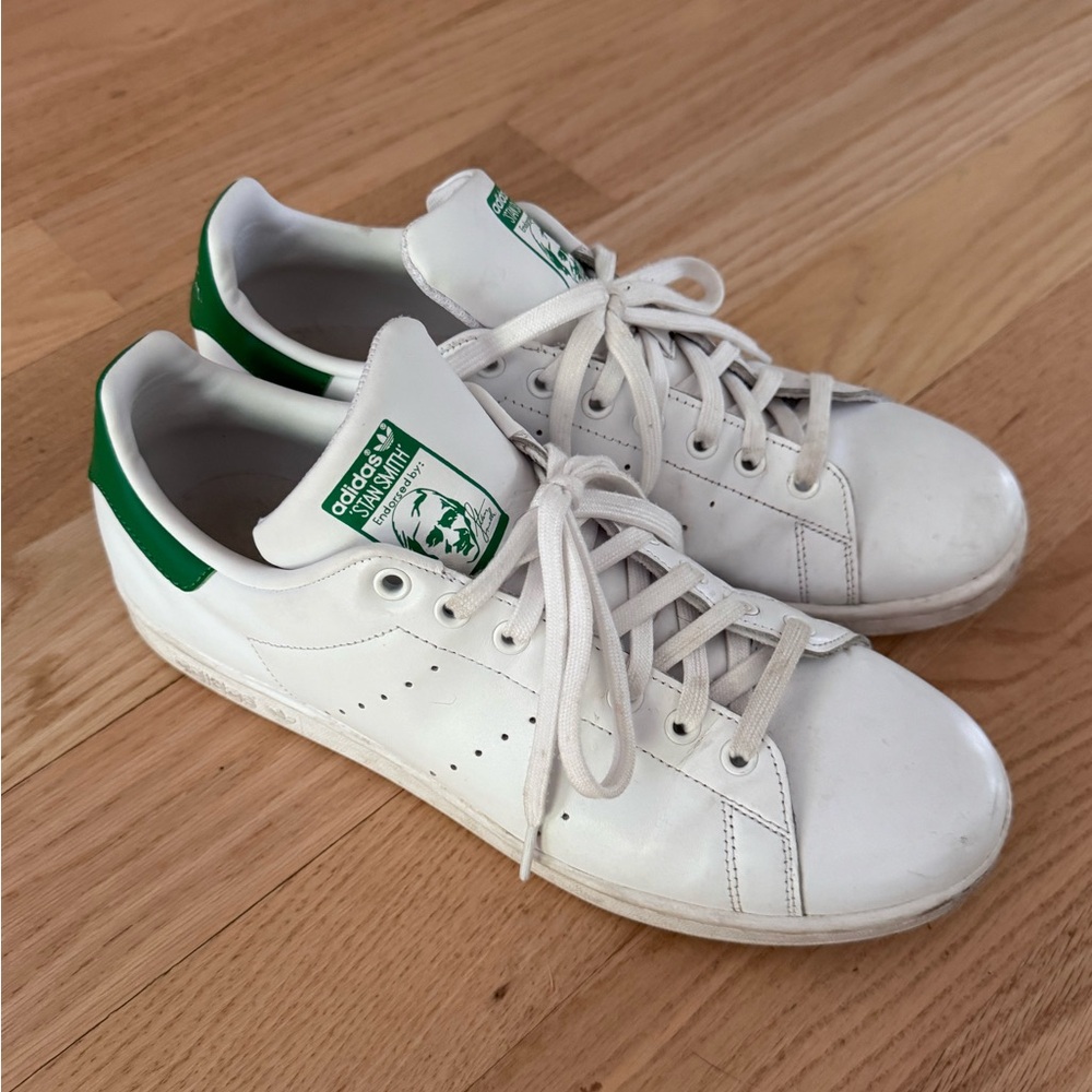 adidas White Leather Tennis Sneakers with Green Heel Tab